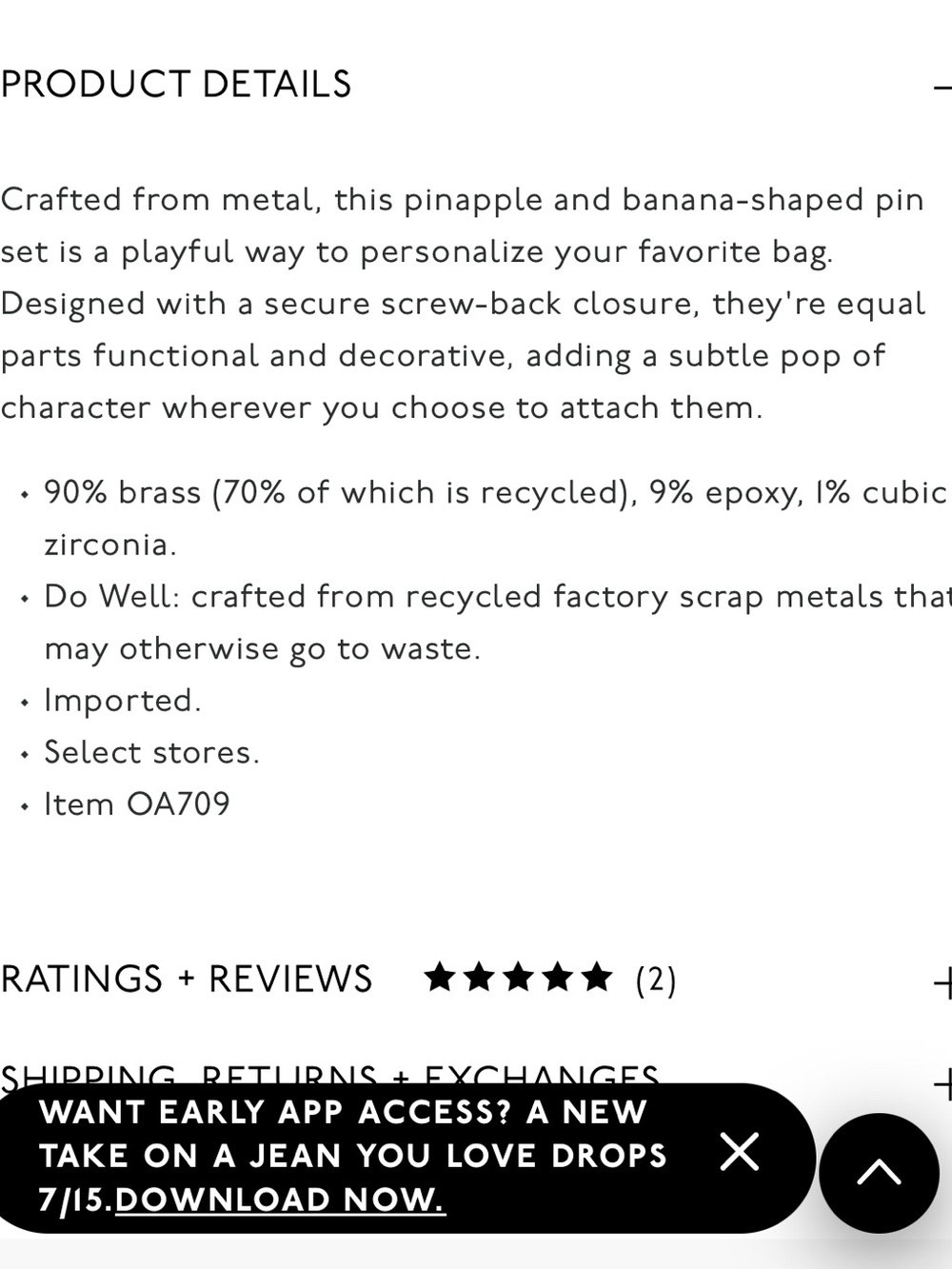 NWT Madewell Gold Tropical Fruit Pin Duo - Pineapple & Banana - Picture 9 of 9